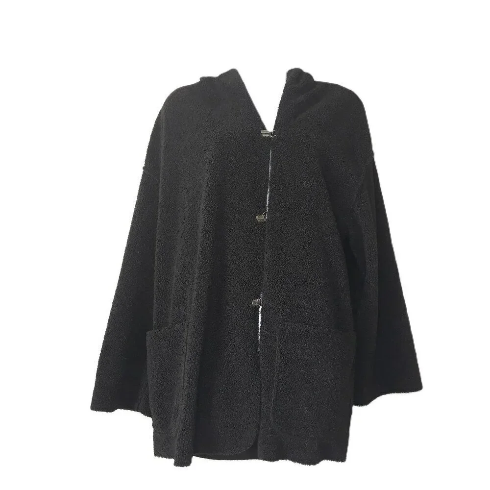 Max Studio Black Hooded Toggle Drop Shoulder Teddy Jacket M Fisherman Nautical